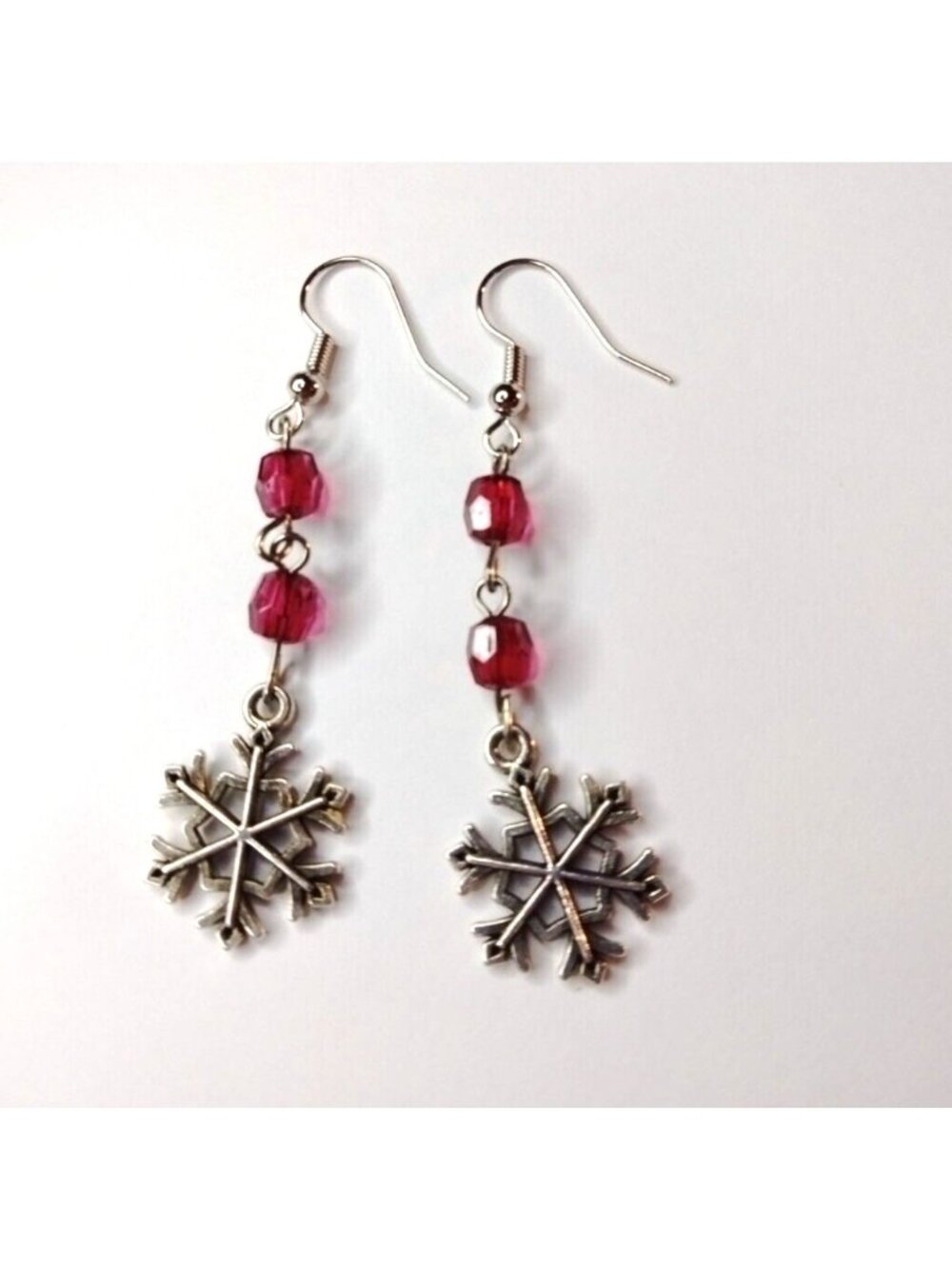 Silver Snowflake Earrings Red crystal Beads Whimsygoth